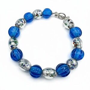Blue Glass Bead Bracelet Silver Tone Toggle Clasp 8 Inch Handmade Style 8"